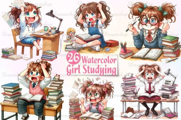 Download Watercolor Girl Studying Clipart - Studying Collection