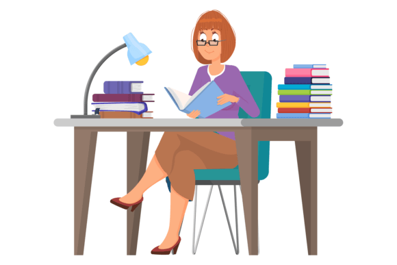 Download Woman Studying at Desk with Book Stacks. - Studying Collection